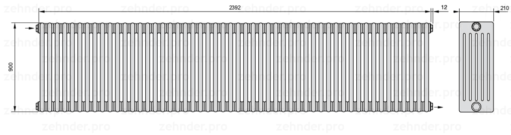 Схема (чертеж) Радиатор Zehnder Charleston 6090/52 №1670 Белый глянцевый RAL 9016